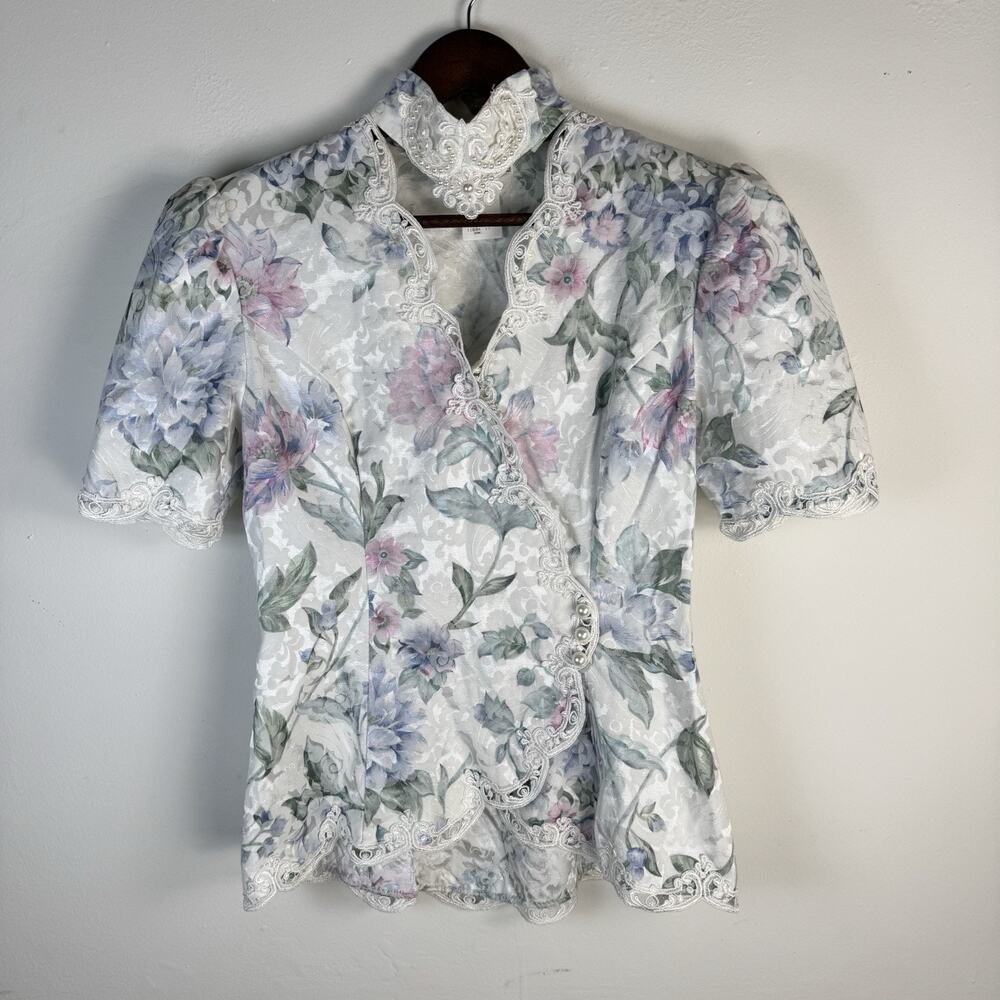 VTG Scott McClintock Petite Floral Jacquard Lace Victorian Top Sz 6 Cottagecore